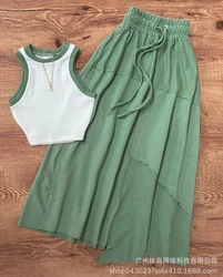 Women's Two Piece Casual Summer Fashion Sweet Solid Color Round Neck Sleeveless Tank Tops and Drawstring High Waist Skirt Set