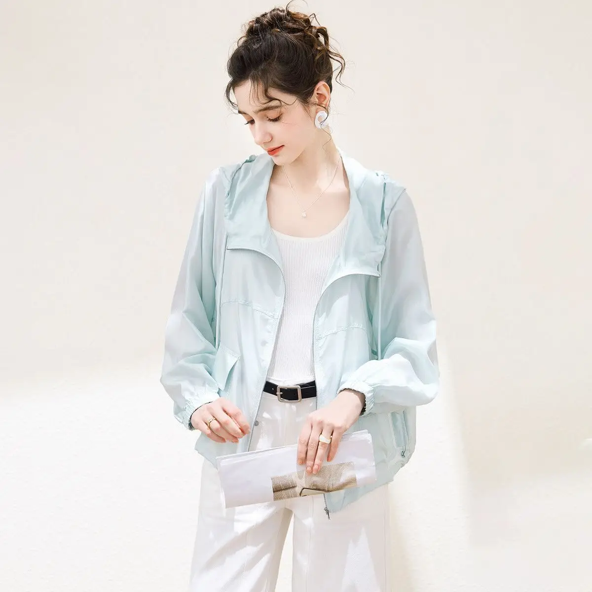 

Rabbit Emperor Design Drawstring Hooded Sunshade Mulberry Silk 100% Loose Thin 25 Early Spring Breathable Women's Jacket