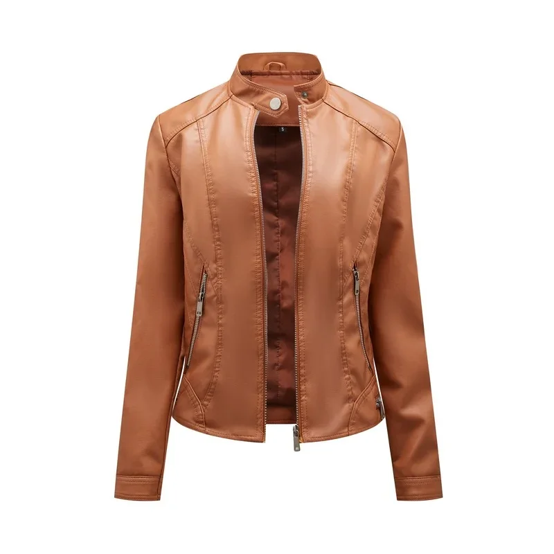 BTQWFD Jackets Women\'s PU Faux Leather Coats Winter Stand Collar Zipper Female Clothing 2024 New Autumn Long Sleeve Motor Biker