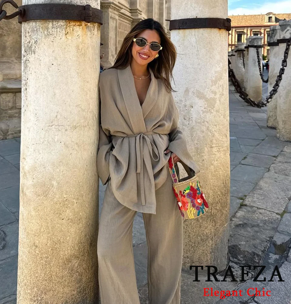 TRAFZA Casual Solid 2 Piece Women Set Fashion 2024 Summer Texture Long Sleeve Kimono-Style Outerwear+Pajama Pants NightWear Suit