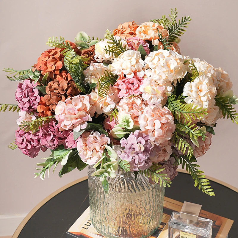 Artificial flower Hydrangea Silk flowers bouquet for home decoration Wedding bride pink fake flower party decor accessories