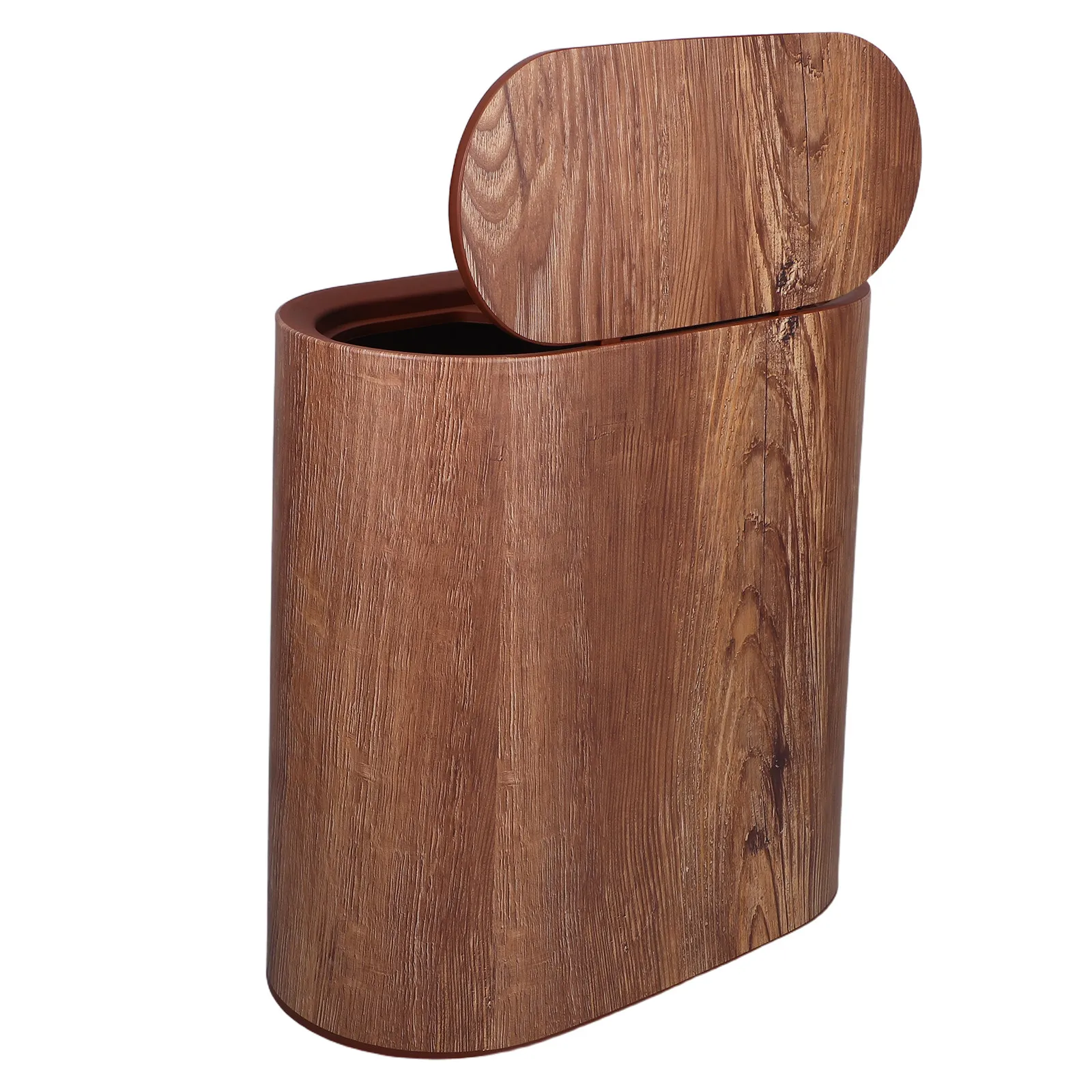 Wood Grain Narrow Garbage Can 14L Lid Compact Slim Bathroom Kitchen Office Wastebasket Small Rustic Bathroom Trash Can