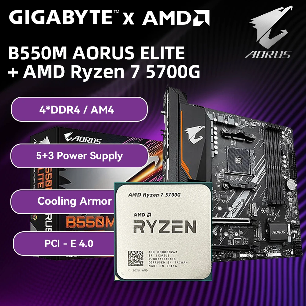 GIGABYTE B550M AORUS ELITE With AMD Ryzen 7 5700G CPU Motherboard Kit 4XDDR4 and Cooling Armor AM4 Mainboard Max128G For 5800x3d