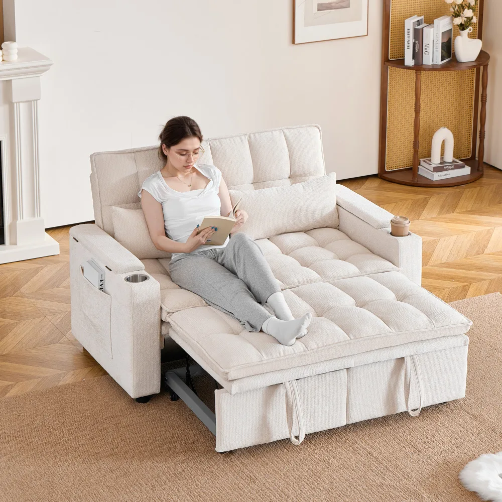 Sofa rozkładana 3 w 1 o szerokości 142 cm, z regulowanym oparciem, miękkimi poduszkami na siedzisko i oparcie oraz 2 poduszkami lędźwiowymi, boczną półką i uchwytem na napoje.
