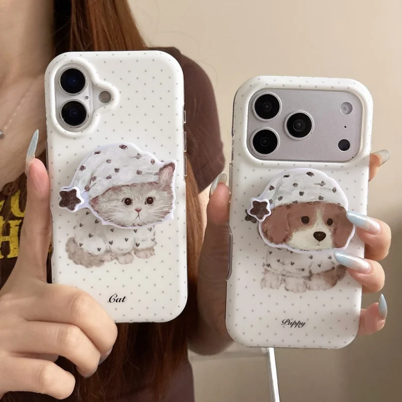 

Korean Polka Dot Cute Dog Cat Phone Case For iPhone 17 Pro 16 15 14 Pro Max Cover with Stand Shockproof Protective Cases Cartoon