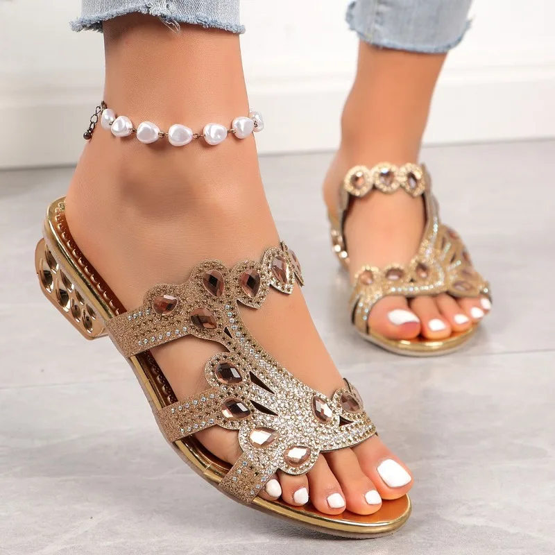 Summer 2024 New Rhinestone Flip-flops, Round Head Fashion Large Size Women's High-heeled Sandals, Beach Sandals