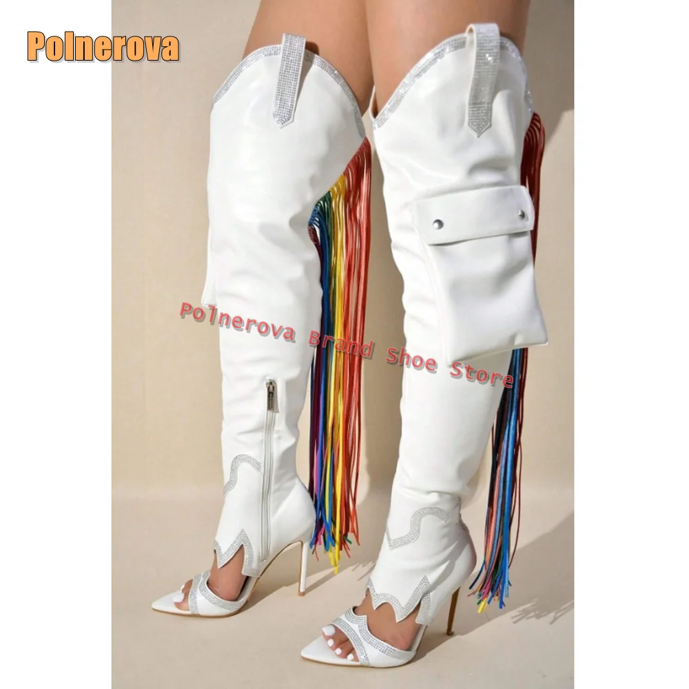 

Peep Toe Rhinestone Colorful Tassel White Gladiator Hollow Out Thin Heels Side Zip Pocket Decoration Women Knee High Boots 2025
