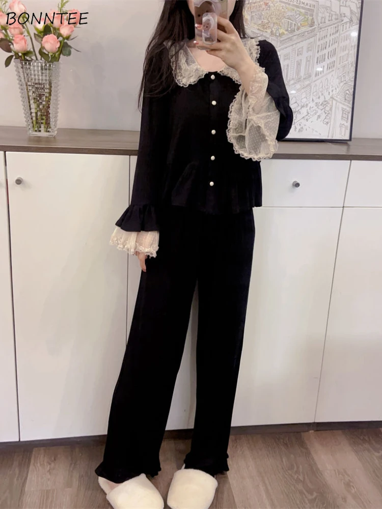 

Pajama Sets Women Sleepwear Lovely Sexy Lace Peter Pan Collar Long Sleeve Pajamas Spring Autumn Korean Fashion Sweet Female Home