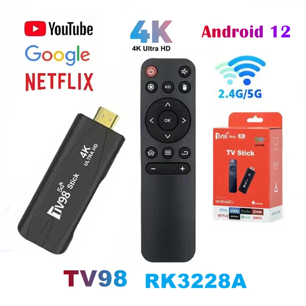 TV98 Mini TV Stick 4K Smart TV Android12.1 Box 2.4G 5G WiFi HD 4K RK3228A Dual Frequency TV Box Portable Media Player for Youtub