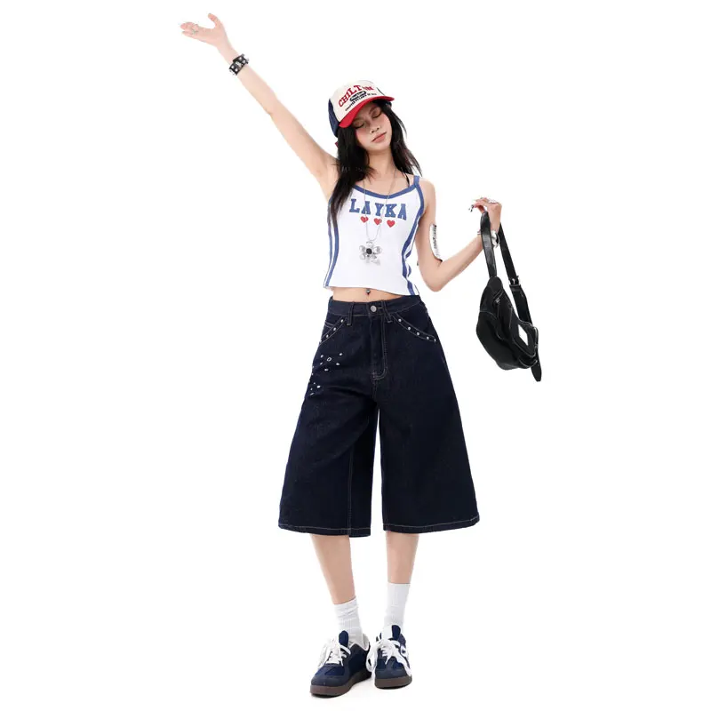 Summer 2026 Women Retro Rivet Rhinestone Curve Capri Jeans Two Tone Wash Wide Leg Denim Y2K Korean Daily Street Pants