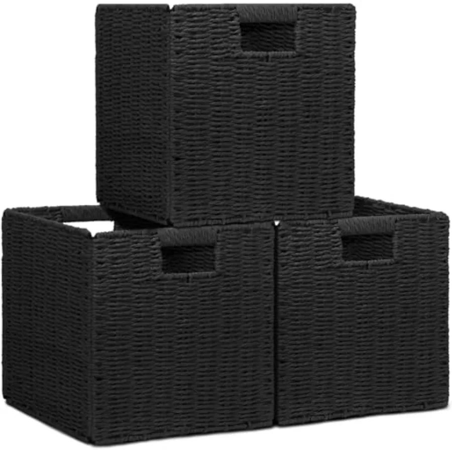 

Wicker Storage Baskets for Organizing, 3 Pack Rustic Foldable Square Basket for Shelves, Handwoven Cubby Organizer Bins for Hom