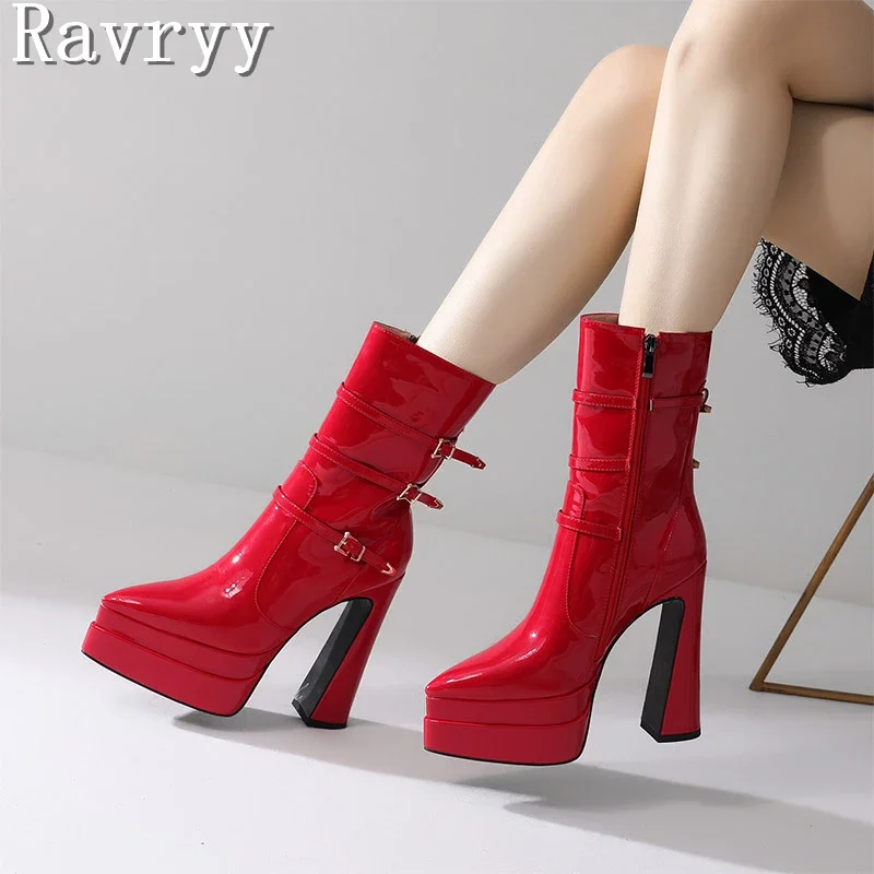 

Pointed Toe Thick Bottom Ankle Ultra-High Heel Platform Belt Buckle Metal Decoration Short Boots Women Runway Party Shoes