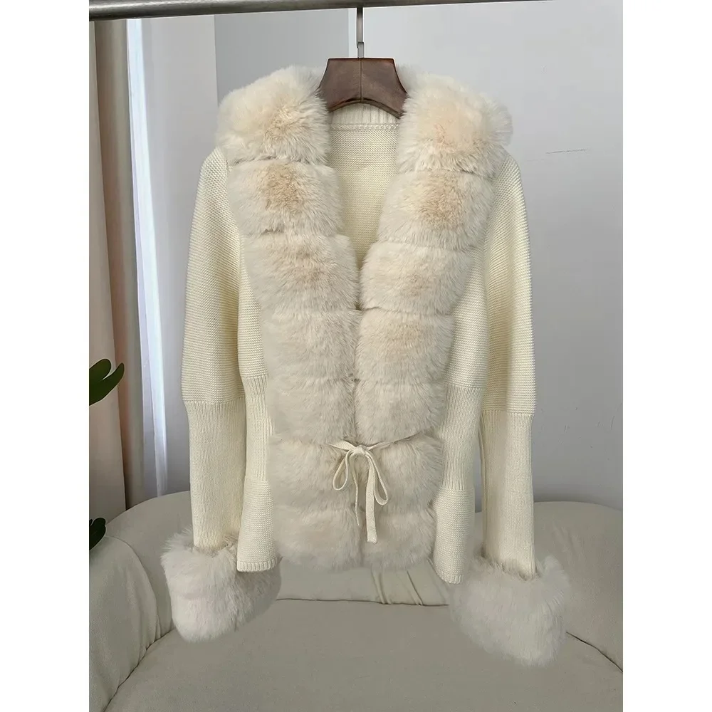 Fall Winter Women Faux Fur Coat Luxury Patchwork Knitted Sweater Bandage Fur Cardigan Detachable Collar Jackets Faux Fur Coats