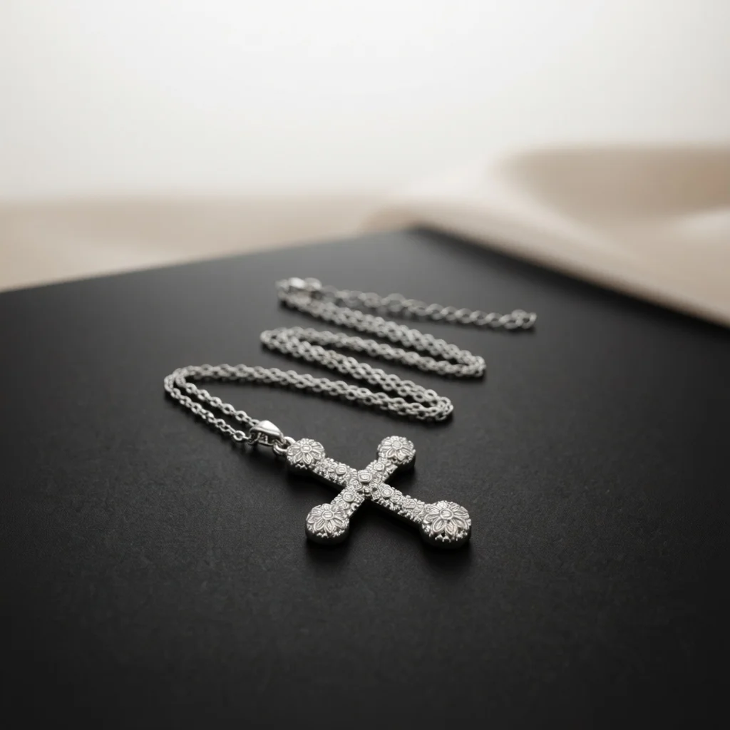 Two‑Tone Vintage Floral Cross Pendant Necklace for Women, Engraved Flower Pattern Zircon Accent Chain Necklace,Fashion Jewelry