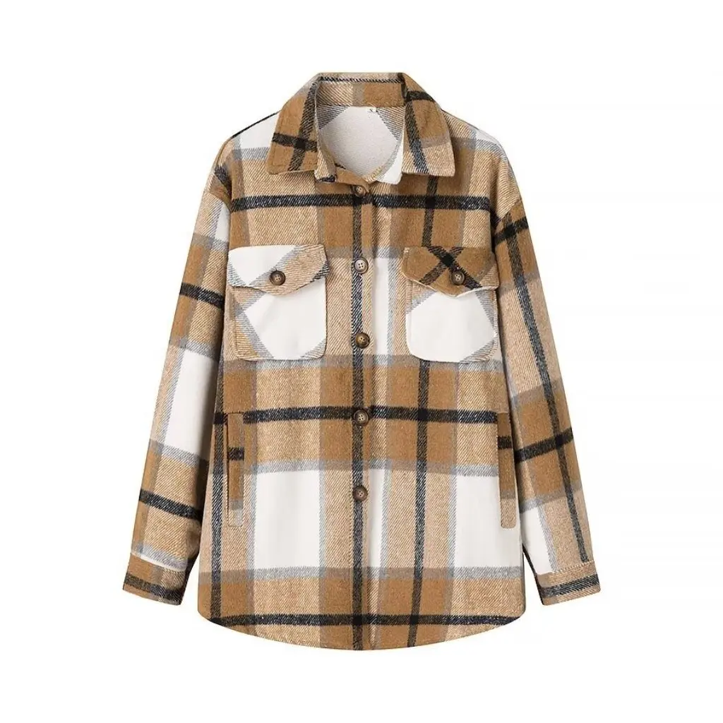 

Winter Fashion Women's Plaid Woolen Coat Lapel-Breasted Long Sleeve Style C92299