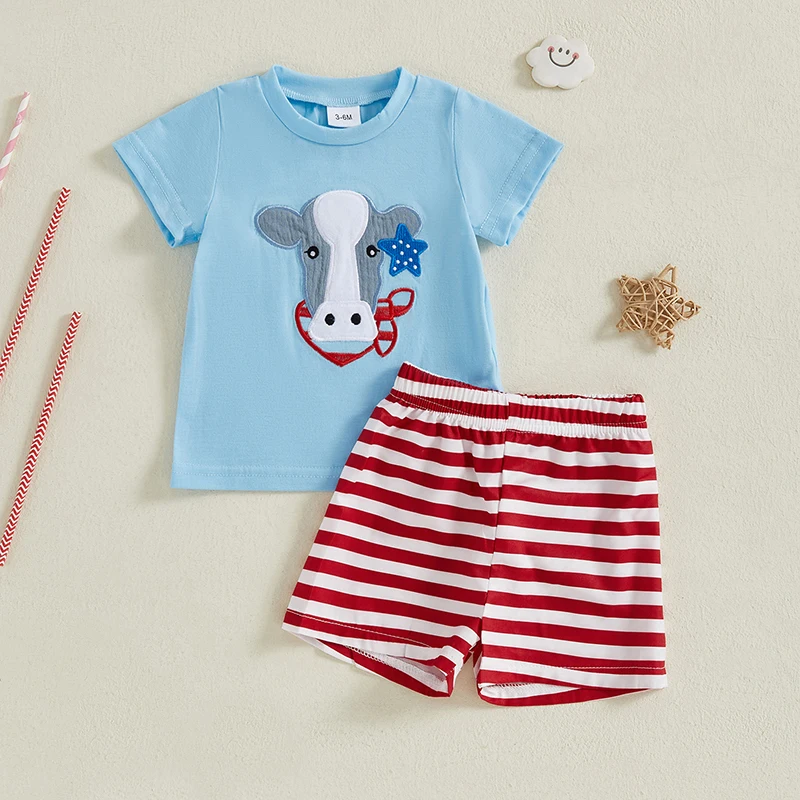 

VISgogo Baby Boys Summer Shorts Set Short Sleeve Embroidery Cow T-shirt with Striped Shorts 2piece Casual Outfit