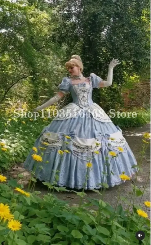 Fairytale Cinderella Prom Ball Gown Blue Square Neck with Gloves Pom Pom Victorian Opera Halloween Cosplay فستان سهره