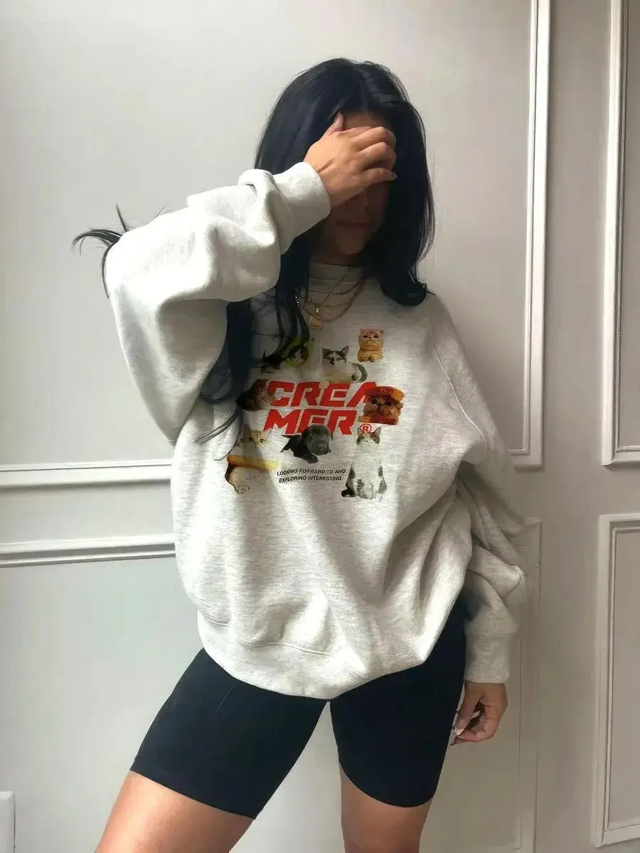 

Милые женские толстовки с рисунком кота, кавайный дизайн, свободный пуловер в стиле хип-хоп, осенние модные серые топы с длинными рукавами в Корейском стиле