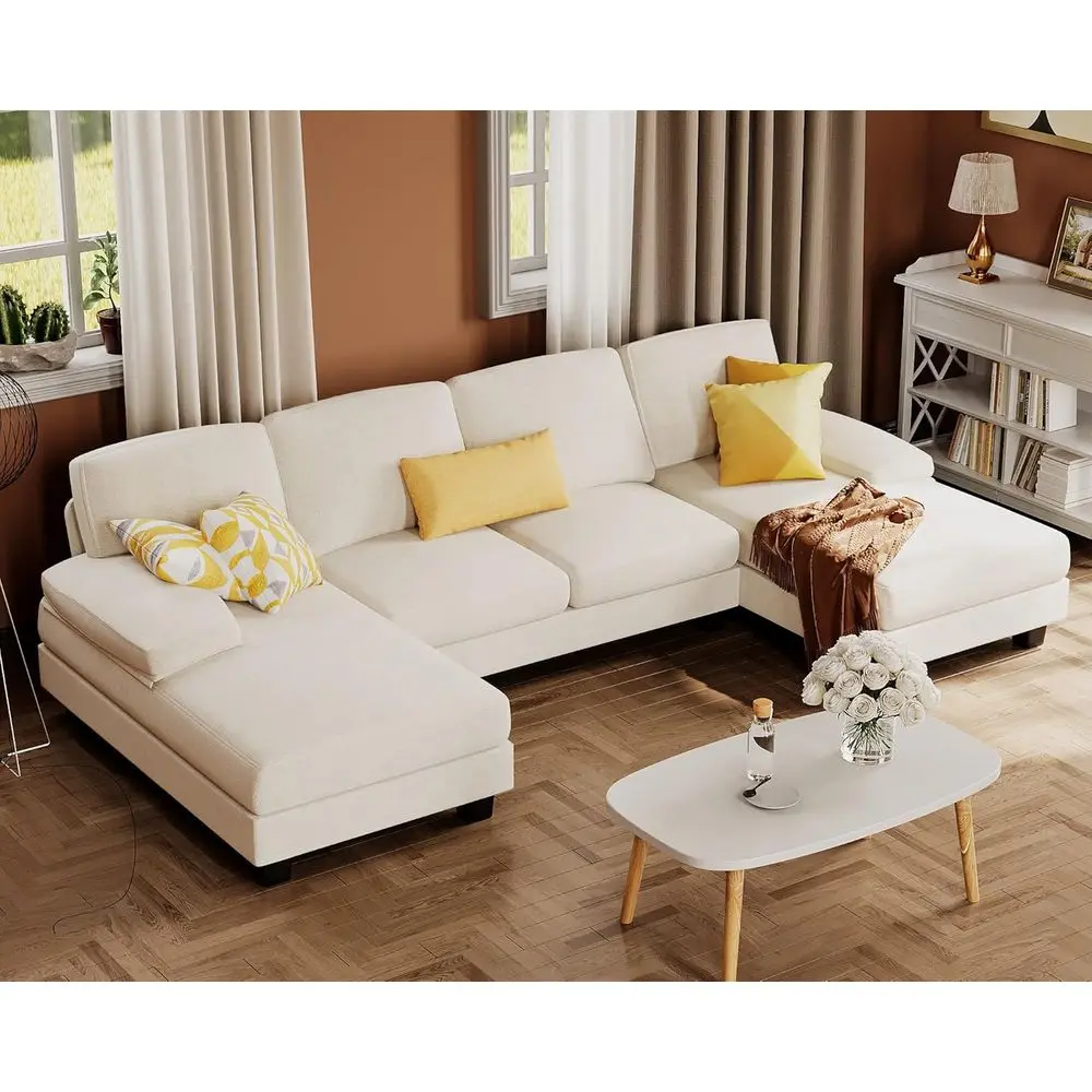 

U-Shaped Linen Fabric 4-Seat Sofa Set with Double Chaise Lounge for Living Room