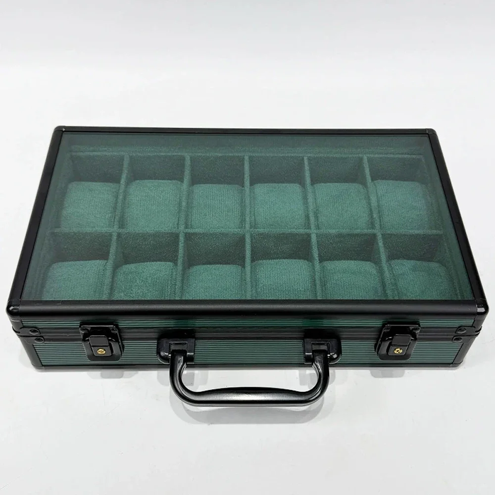 6/12/15 Slots Large Tray Green Aluminum Watch Box for Men Transparent Display Travel Storage Holder Premium Luxury Gift Case