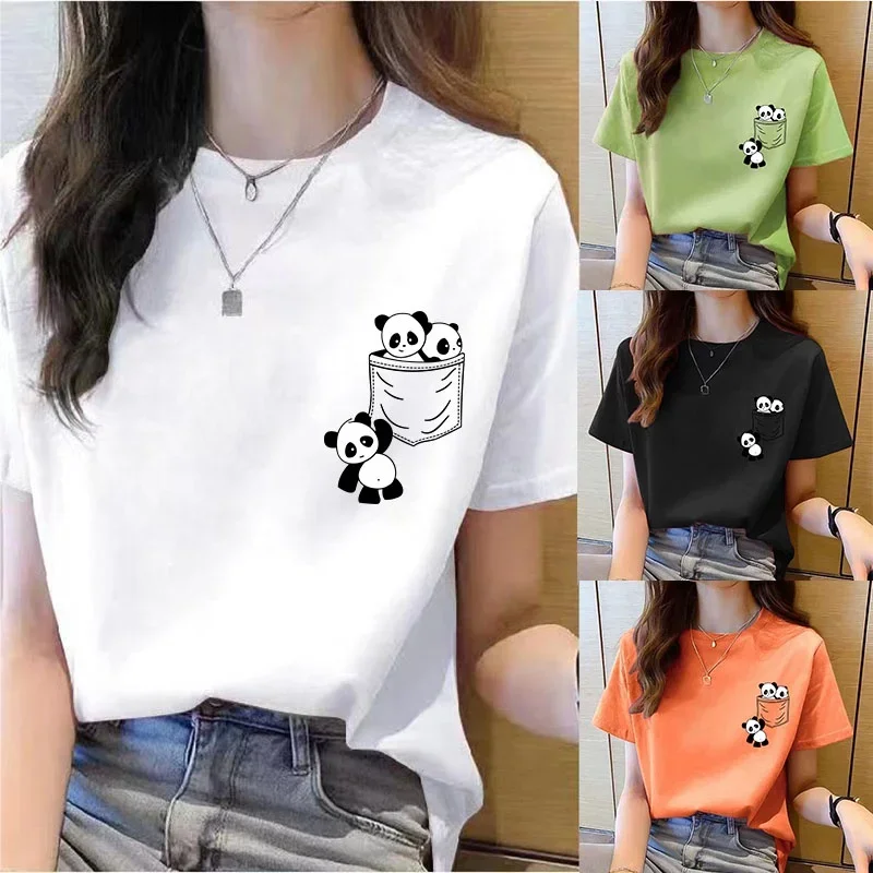 Women Short Sleeve Top Summer New Pocket Panda Cartoon Printed T-shirt Korean Fashion Women Tops Loose Round Neck T Shirt Women