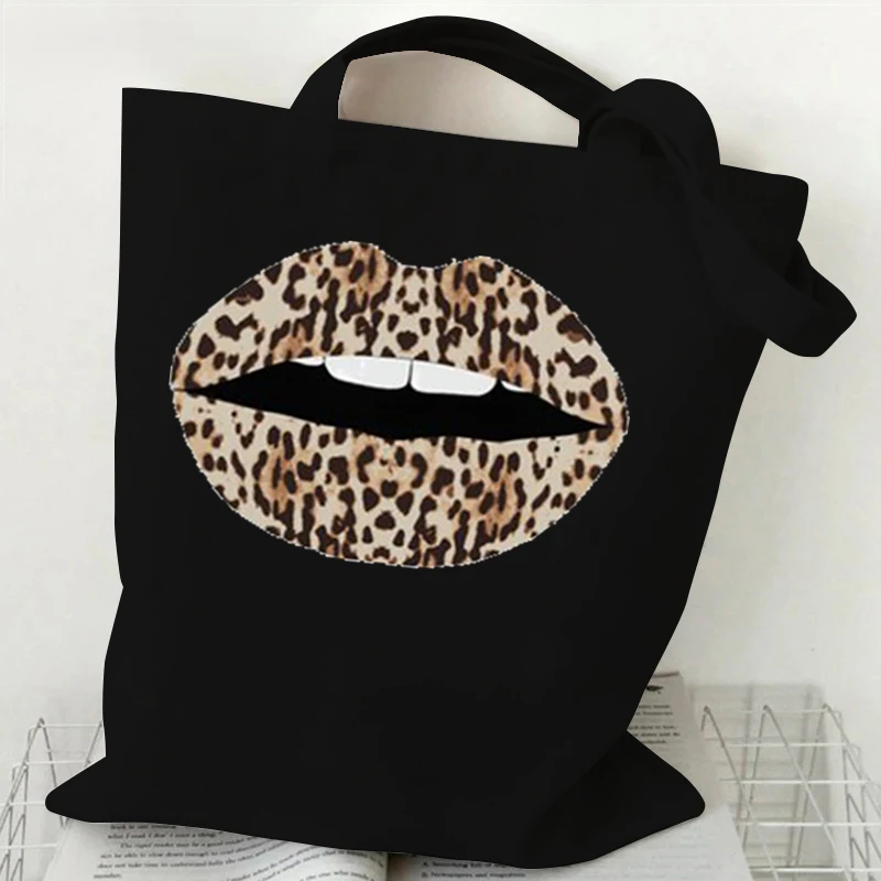 Designer Tote Bags Leopard Print Lips Pattern Versatile Storage Bags Flower Leopard Print Lips Gifts Canvas Shopping Bag Women