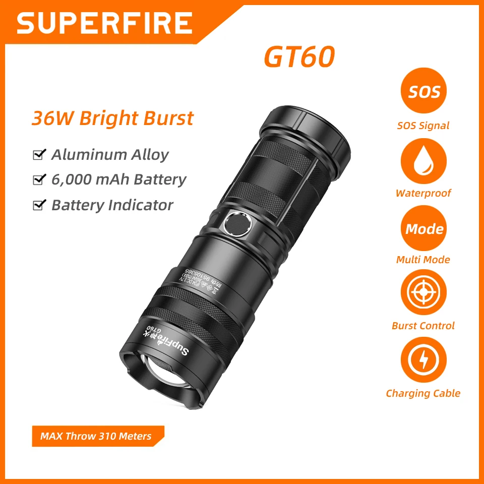 

SUPERFIRE GT60 xhp90 3000LM LED Flashlight 36W High Power with Taillight Zoom USB-C Chargeable Torch Fishing Camping Lantern