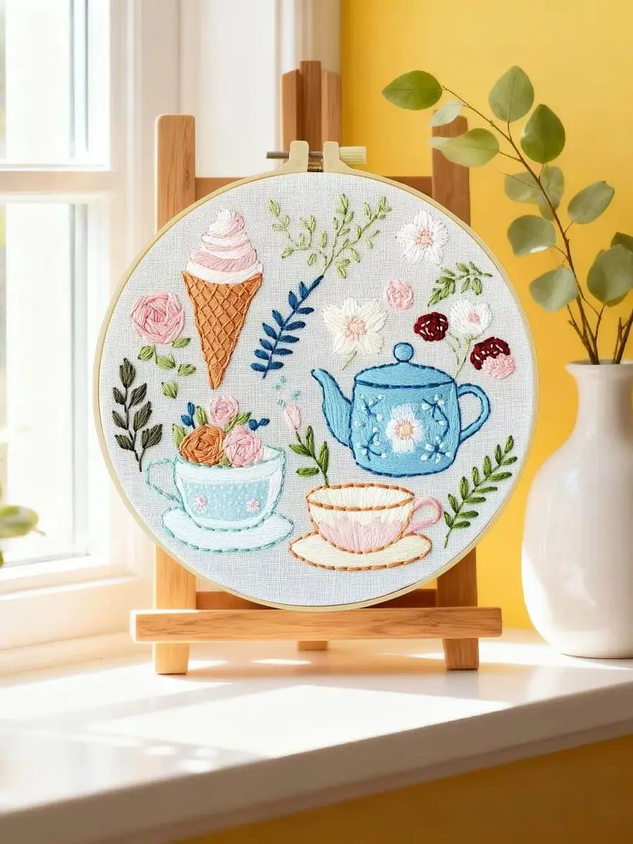 1 Stück 20X20CM/15X15CM 7,87/6,3 Zoll Nachmittagstee Stickerei Starter-Kit DIY-Kit DIY-Stickerei-Set für Anfänger – Detail 6