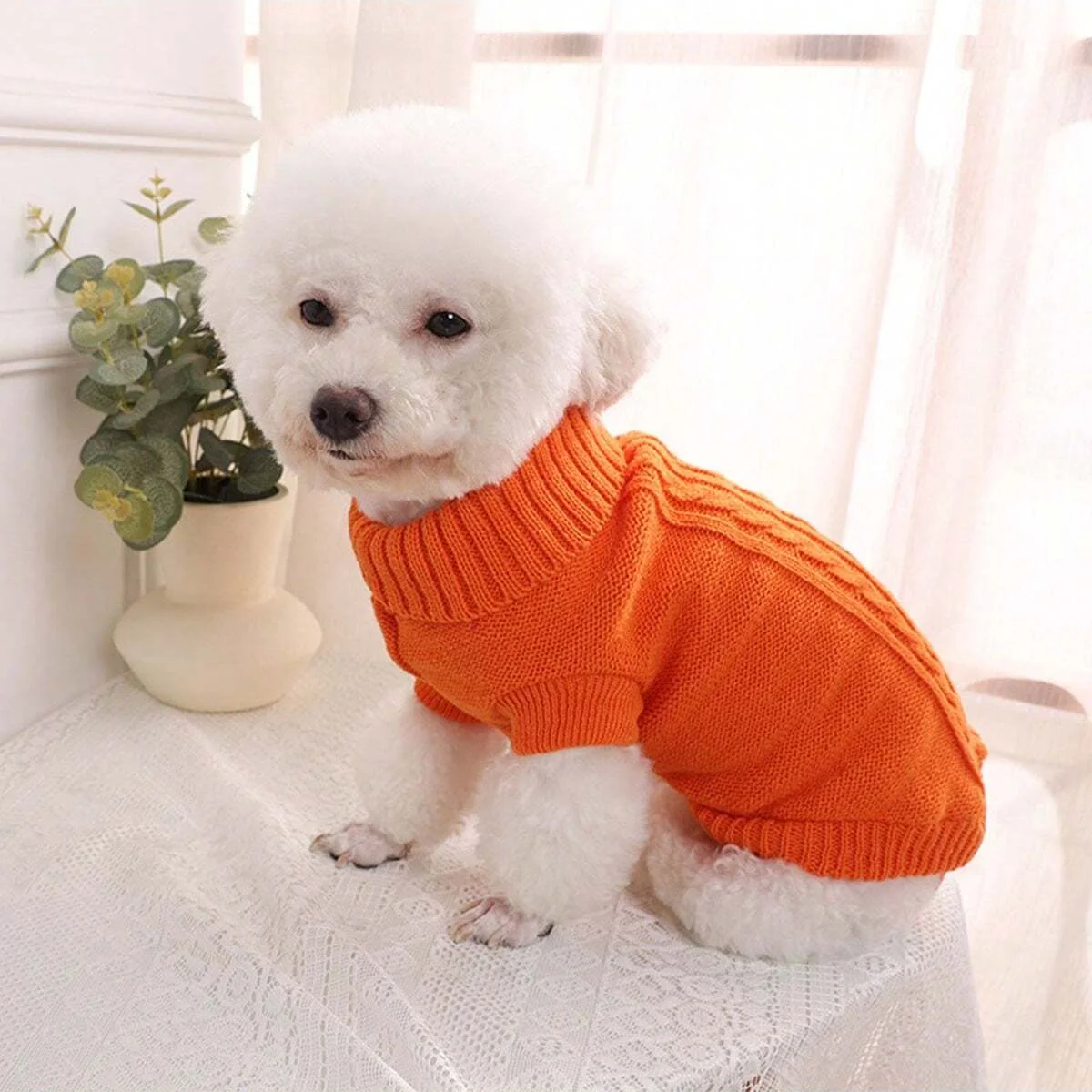 1pc-An orange pet warm cable sweater, puppy sweater clothing, suitable for keeping dogs warm in cold weather