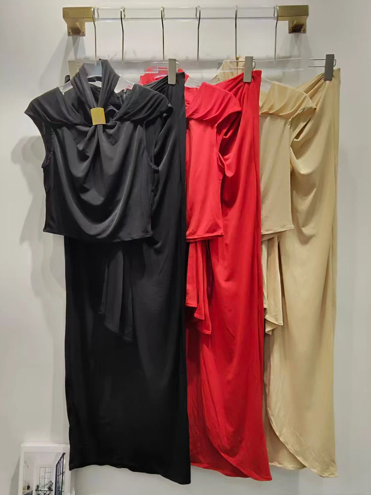 

Design metal buckle hanging neck knitted pullover two-piece set for summer women's wear+pleated ribbon irregular skirt set