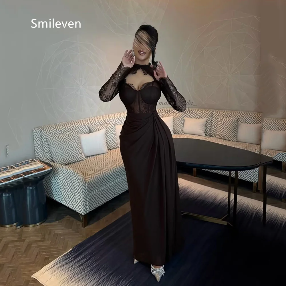 Smileven Dark Brown Sheath Evening Dresses High Neck Keyhole Long Sleeve Prom Dress Draped Twist Waist Gowns Customized 2026