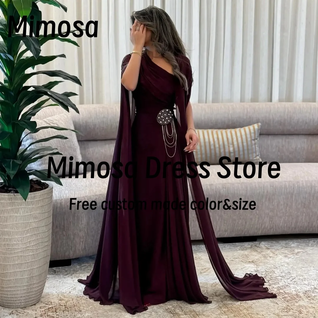 Mimosa Saudi Arabia Prom Dresses Flutter Sleeves Beaded Decoration Evening Gowns Long Chiffon Special Occasion Dress Customized