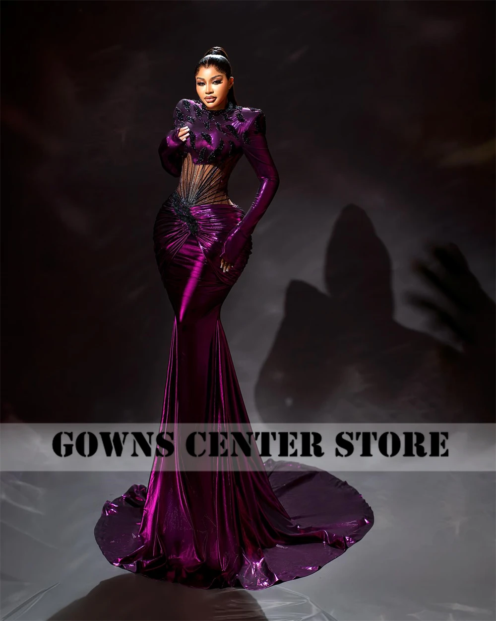 فساتين سهرة ممتازة أرجوانية بأكمام طويلة حورية البحر Aso Ebi شفافة من خلال مشد فساتين حفلات أفريقية أنيقة 2024 حسب الطلب #3