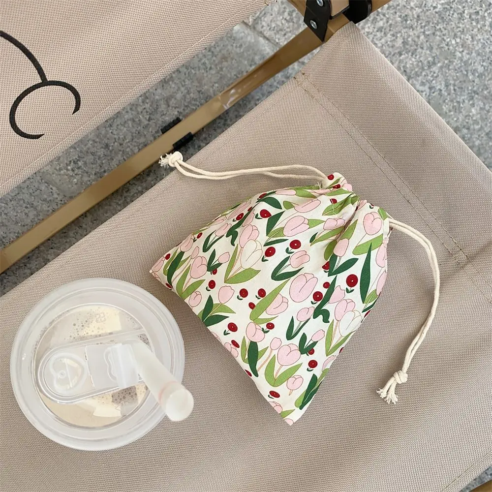 Canvas Tulip Drawstring Bag Cute Coin Purse Pastoral Style Vintage Drawstring Pocket Pull Rope Pouch Women Girls Ladies