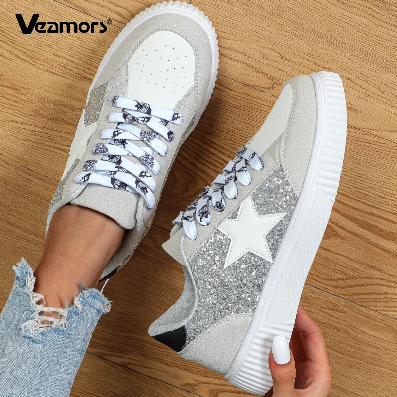 

VEAMORS Women Fashion Board Shoes Men's Casual Sneakers Trendy Sequin Walking Shoes Flats Lace-up Low-cut Casual Shoes