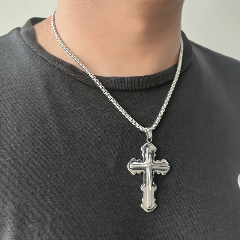 

OMKAIMING New Male Cross Necklaces Fashion Luxury Stainless Steel Cross Pendant Necklace Jewelry Gift Sliver Color