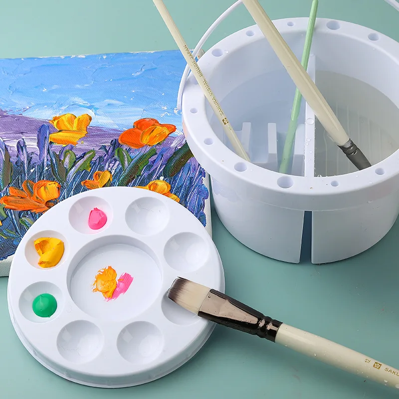 3-in-1 Brush Washer Bucket with Palette Lid Painting Brush Holder Art Watercolor Oil Painting Cleaning Tools Brushes Tray Basin