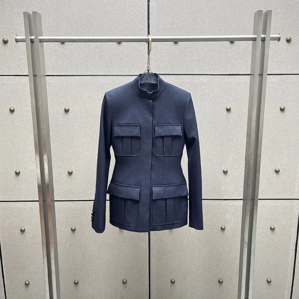 Women Stand Collar Slim Fit Cargo Jacket Multi‑Pocket Long Sleeve Coat Elegant Tailored Outerwear For Office Business Daily Wear