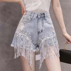 HOUZHOU Y2K Tassel Denim Shorts Women High Waisted Ripped Jeans Shorts Chain Diamond Bottoms for Ladies Streetwear Hip Hop