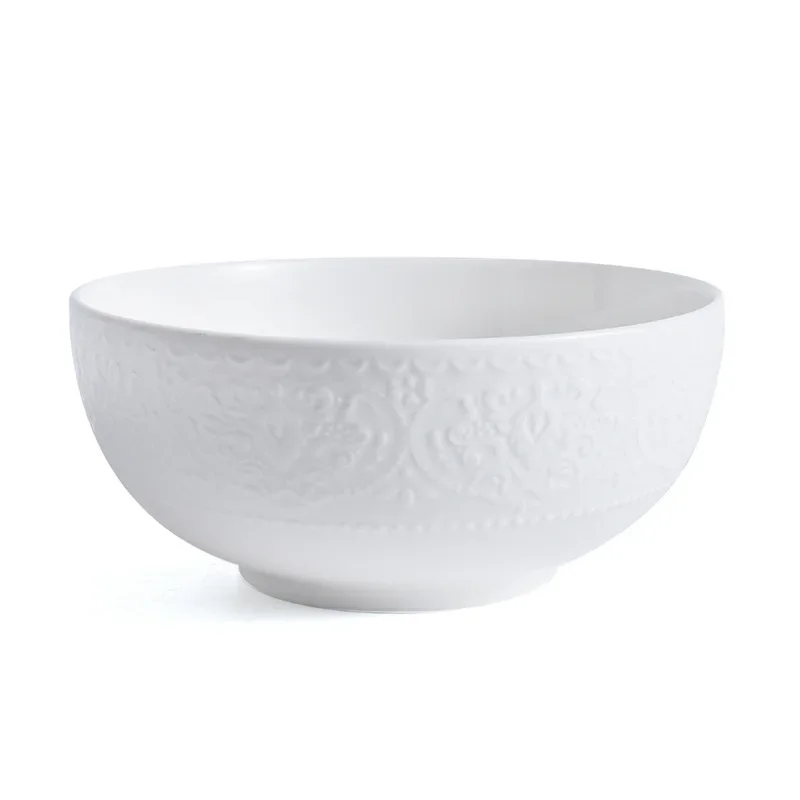 Nordic Ceramic Large Simple Round Soup Rice Ramen Bowl White Porcelain Embossed Salad Instant Noodles Bowl Kitchen Tableware