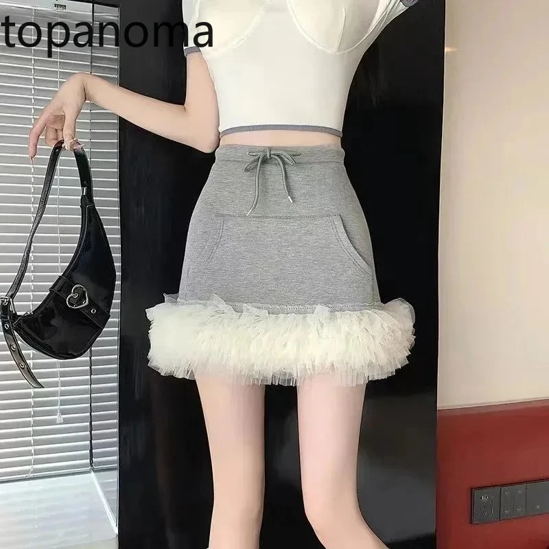 

Topanoma Mini Skirts Women Ruffle Patchwork Fashion Elegant Drawstring Pockets High Waist Slim Solid Skirt Summer Casual Female