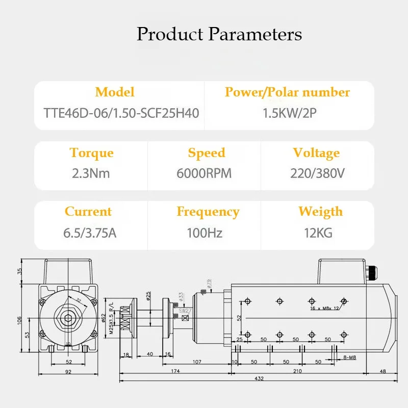 220V/380V1.5KW High-speed Motor Customized Waterproof Polishing Spindle Metal Tool Polishing Motor Air-cooled Mechanical Parts