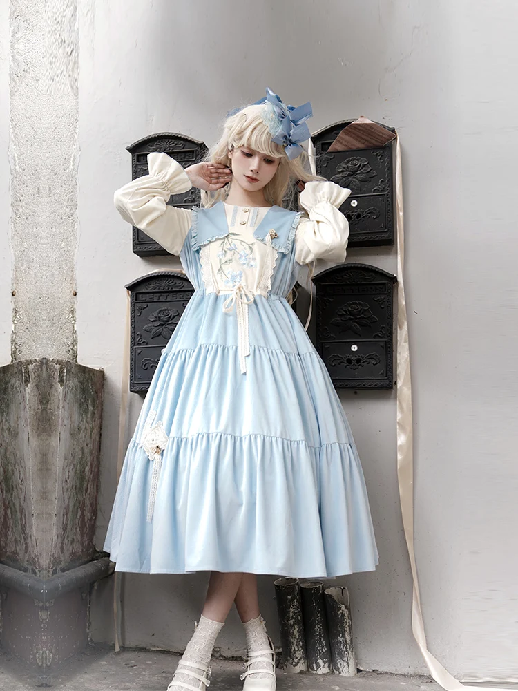 

Japanese Student Tea Party Lolita Cla Fake Two Piece Embroidered Dress Spring Lolita Sweet Casual Cute Dress With Puji