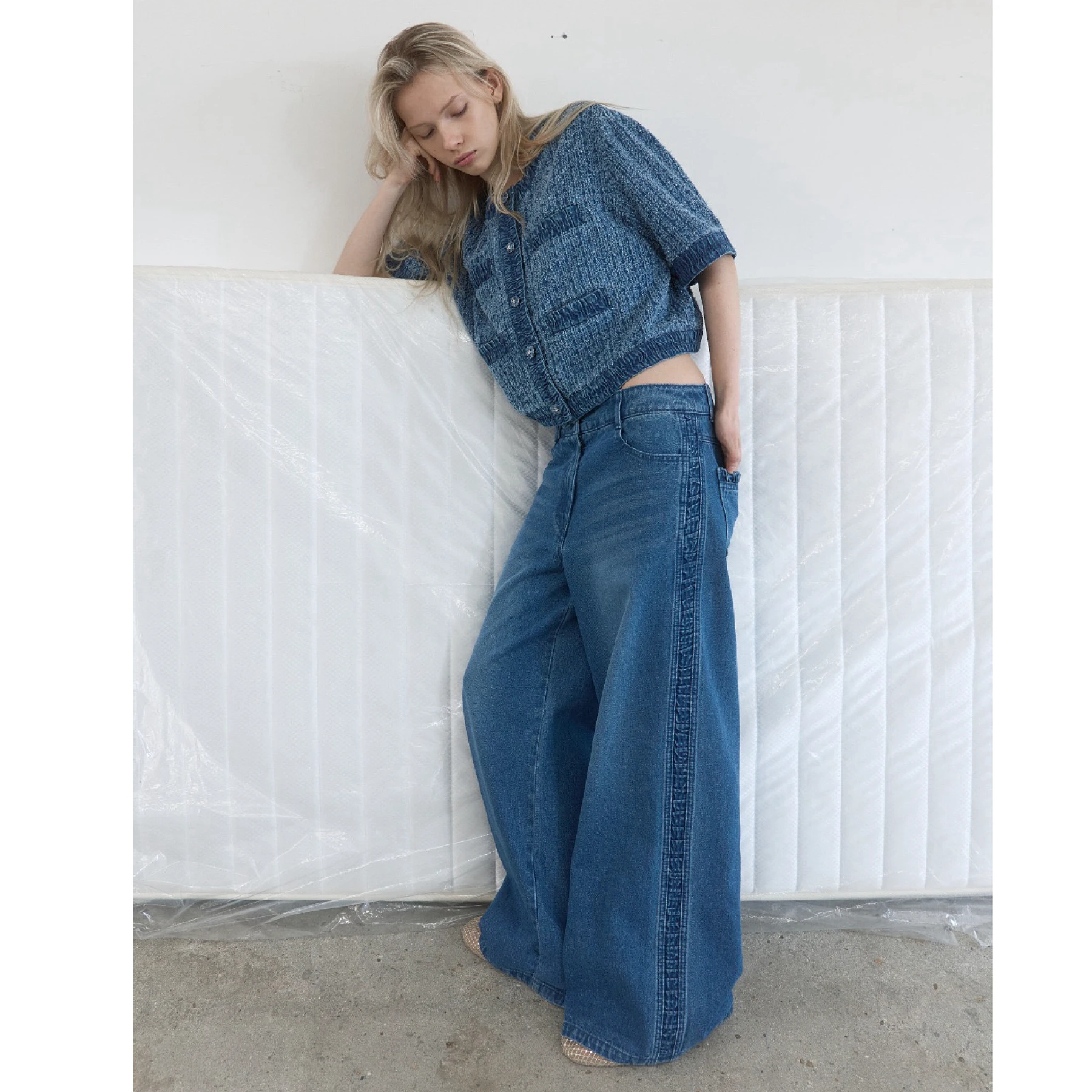 High Waist Wide Leg Jeans Lemon Cheese Casual All-Match Wooden  Ruffle Decoration Cotton Zipper Style Autumn Ladies Jeans