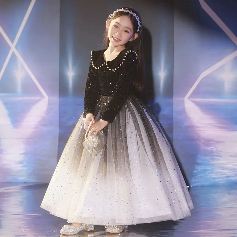 Black Spring Thickened Performance Costume Children's Princess Dress Birthday High-end Piano Performance Host Girl's Evening Dre