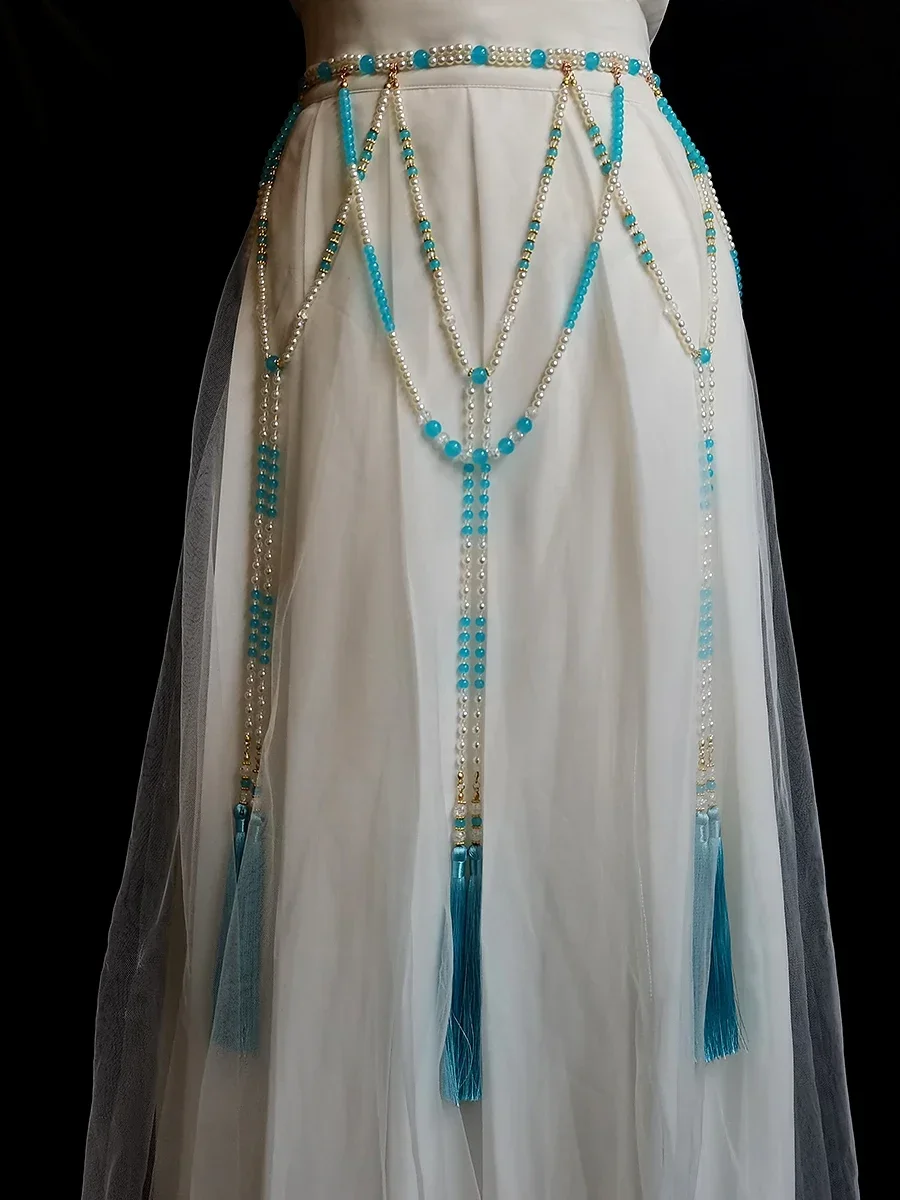 Hanfu waist chain, glass beads, pearl tassel decoration, Chinese wind tan collar, balsam skirt with women's 1-piece set