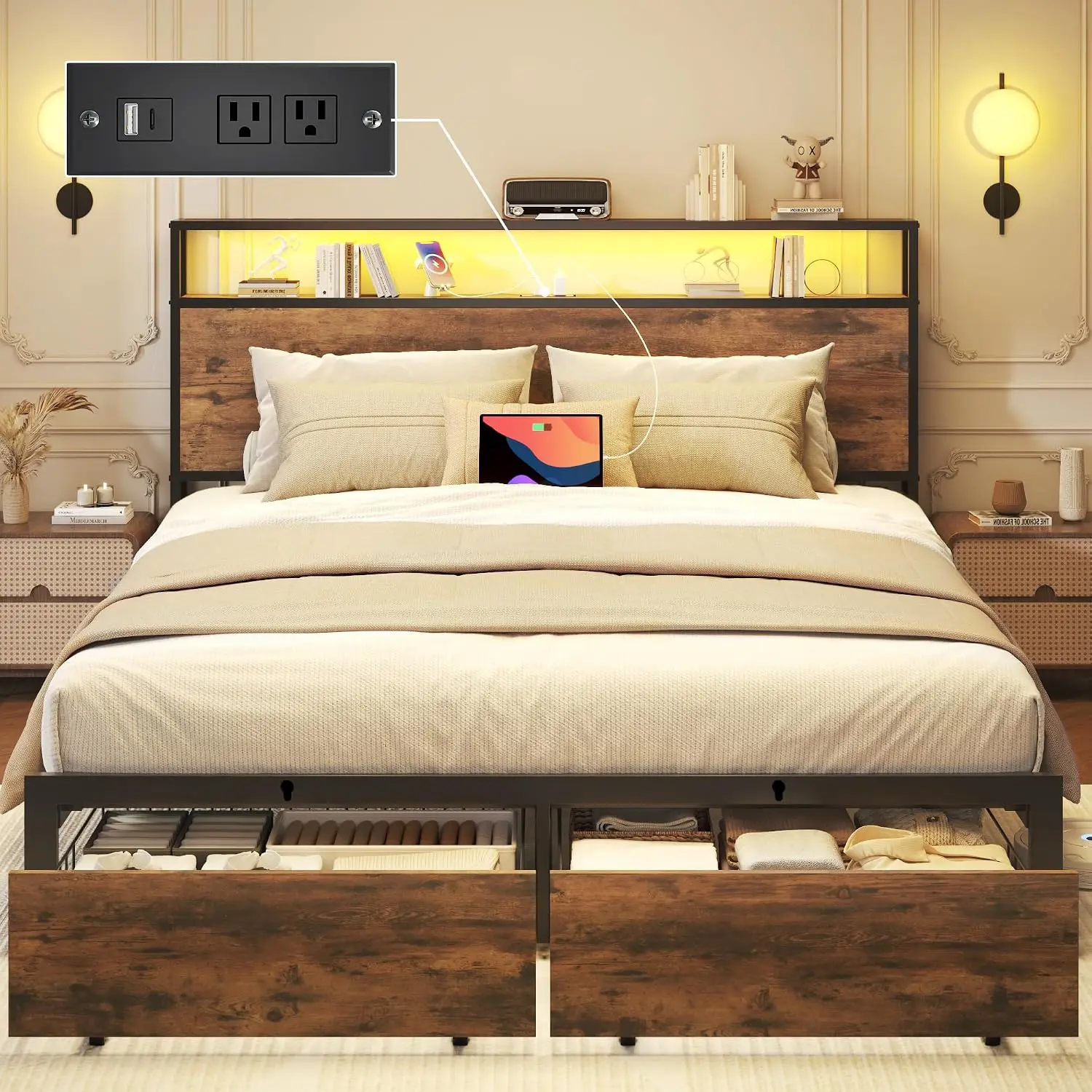 Queen Bed Frame Storage Headboard Metal Drawers Charging Station LED Noise-Free No Box Spring Rustic Brown, Customized