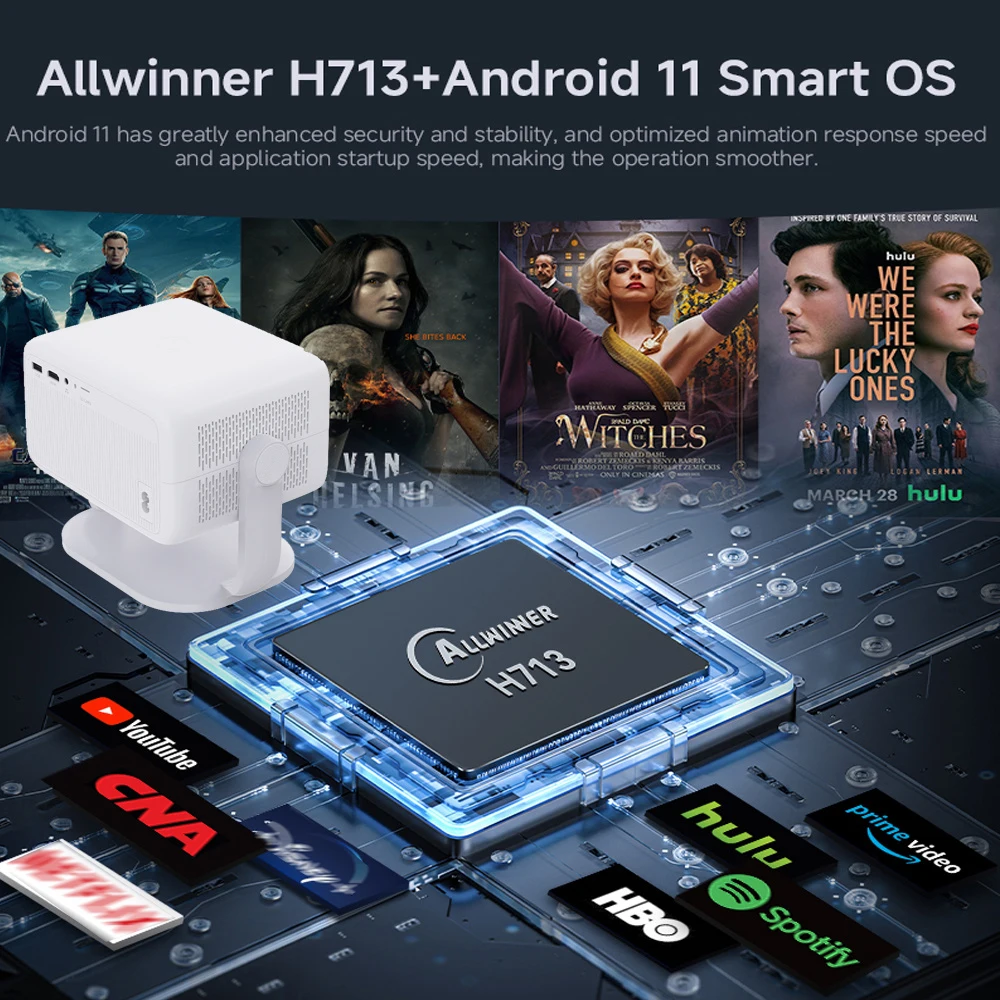 ديتونج 1080P 800ANSI 4K أندرويد 11 360 °   جهاز عرض عالي الدقة مع تركيز تصحيح حجر المفاتيح التلقائي Wifi6 BT5.2 محمول خارجي