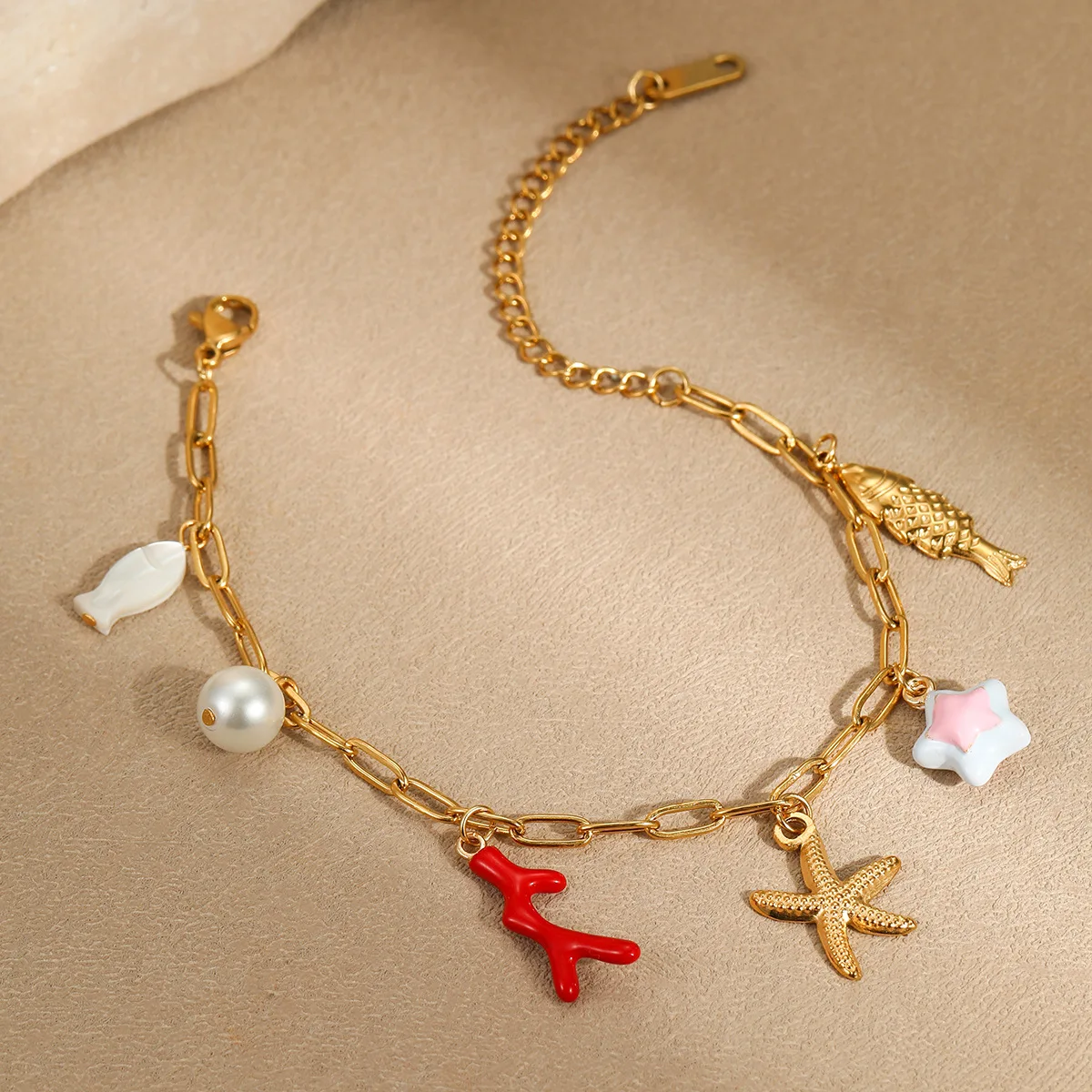 1pc Marine Vacation-style Coral Starfish Pendant Bracelet, Stainless Steel Plated with 18k Gold, Beach Style Jewelry