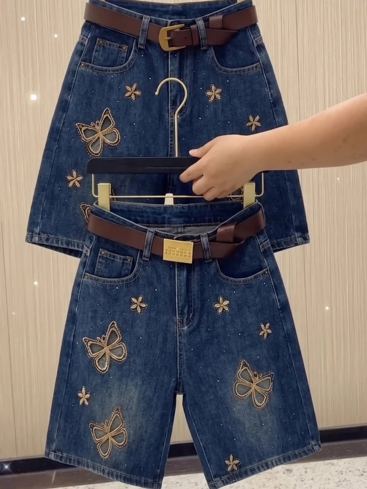 Denim Shorts Butterfly Embroidery Rhinestone Summer 2026 High Waist Slimming Wide Leg Five Point Length Sweet Chic Hot Pants
